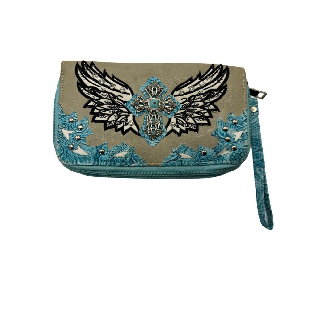 Western Turquoise Cross & Angel‎ Wings Double-Zip Wristlet Wallet